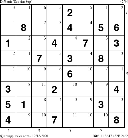 The grouppuzzles.com Difficult Sudoku-8up puzzle for Friday December 18, 2020 with all 11 steps marked