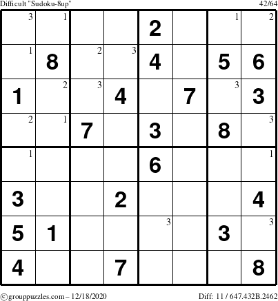 The grouppuzzles.com Difficult Sudoku-8up puzzle for Friday December 18, 2020 with the first 3 steps marked