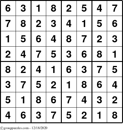 The grouppuzzles.com Answer grid for the Sudoku-8up puzzle for Friday December 18, 2020