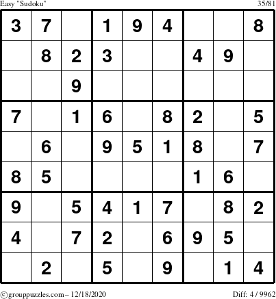 The grouppuzzles.com Easy Sudoku puzzle for Friday December 18, 2020