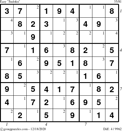 The grouppuzzles.com Easy Sudoku puzzle for Friday December 18, 2020, suitable for printing, with all 4 steps marked