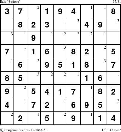 The grouppuzzles.com Easy Sudoku puzzle for Friday December 18, 2020 with the first 3 steps marked