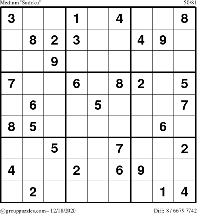 The grouppuzzles.com Medium Sudoku puzzle for Friday December 18, 2020