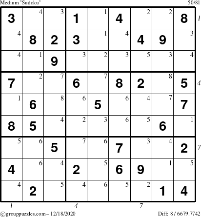 The grouppuzzles.com Medium Sudoku puzzle for Friday December 18, 2020 with all 8 steps marked