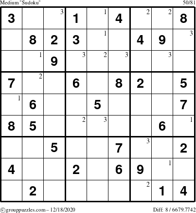 The grouppuzzles.com Medium Sudoku puzzle for Friday December 18, 2020 with the first 3 steps marked