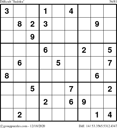 The grouppuzzles.com Difficult Sudoku puzzle for Friday December 18, 2020