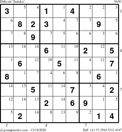 The grouppuzzles.com Difficult Sudoku puzzle for Friday December 18, 2020, suitable for printing, with all 14 steps marked