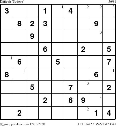 The grouppuzzles.com Difficult Sudoku puzzle for Friday December 18, 2020 with the first 3 steps marked