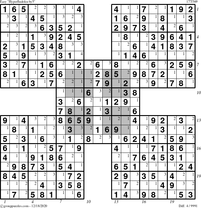 The grouppuzzles.com Easy HyperSudoku-by5 puzzle for Friday December 18, 2020 with all 4 steps marked