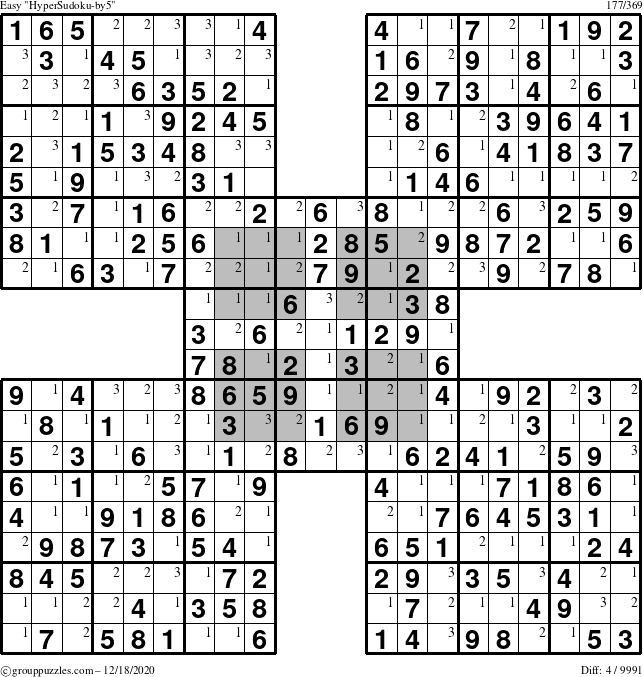 The grouppuzzles.com Easy HyperSudoku-by5 puzzle for Friday December 18, 2020 with the first 3 steps marked