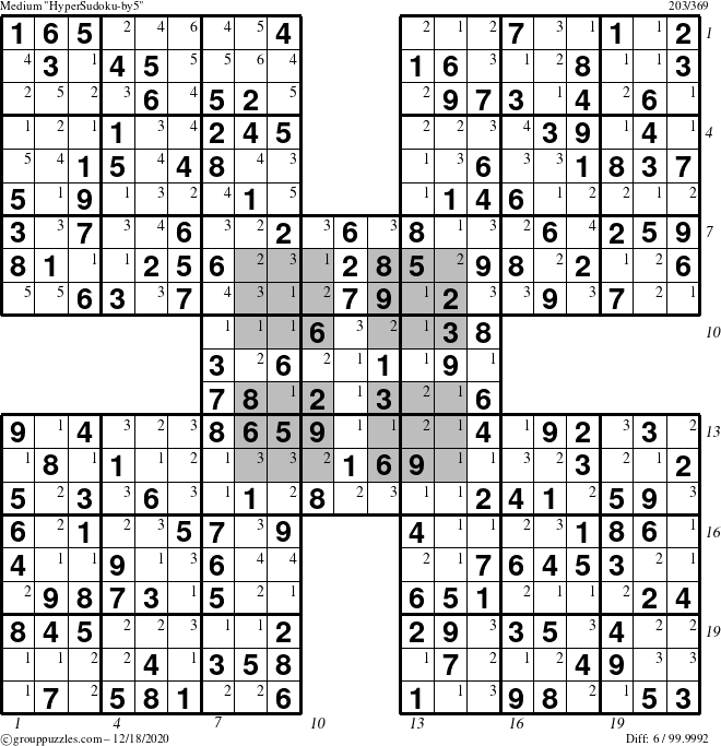 The grouppuzzles.com Medium HyperSudoku-by5 puzzle for Friday December 18, 2020 with all 6 steps marked