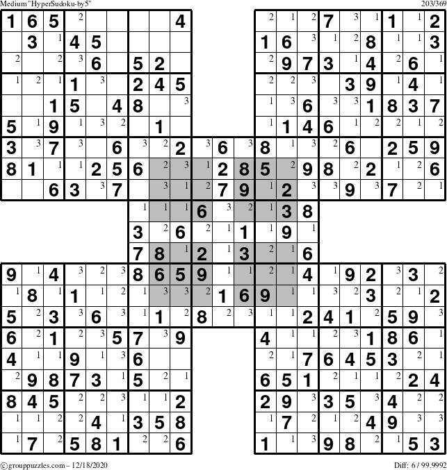 The grouppuzzles.com Medium HyperSudoku-by5 puzzle for Friday December 18, 2020 with the first 3 steps marked