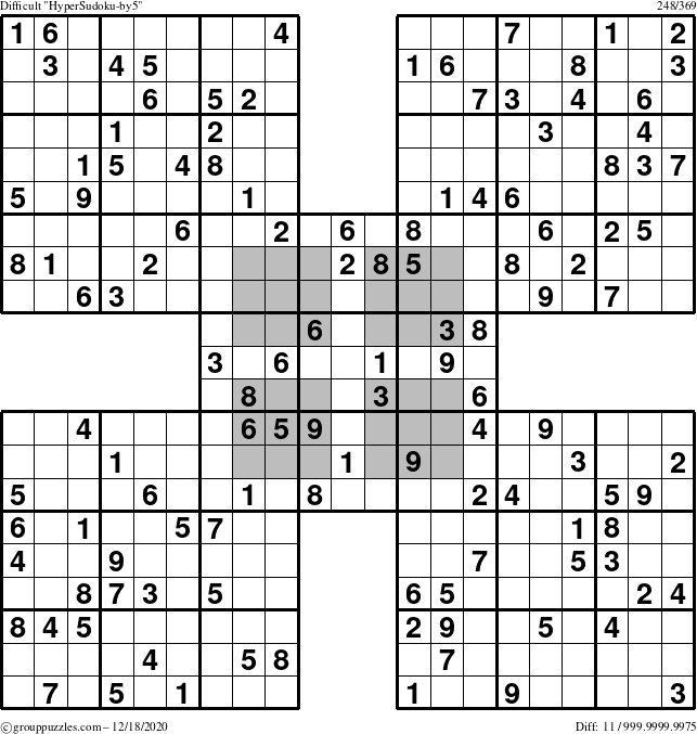 The grouppuzzles.com Difficult HyperSudoku-by5 puzzle for Friday December 18, 2020