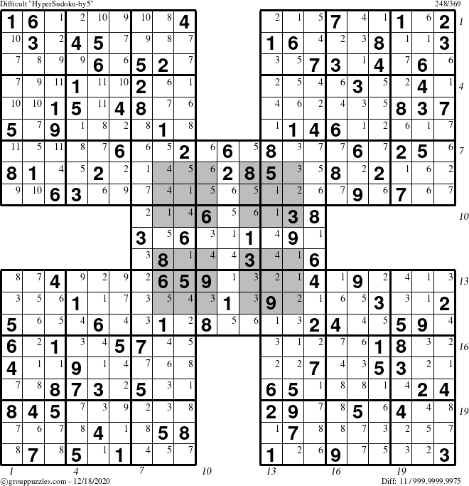 The grouppuzzles.com Difficult HyperSudoku-by5 puzzle for Friday December 18, 2020 with all 11 steps marked