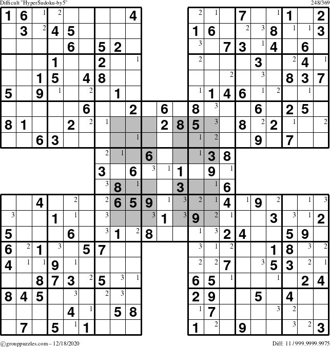 The grouppuzzles.com Difficult HyperSudoku-by5 puzzle for Friday December 18, 2020 with the first 3 steps marked