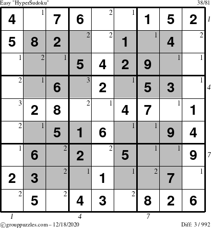 The grouppuzzles.com Easy HyperSudoku puzzle for Friday December 18, 2020 with all 3 steps marked