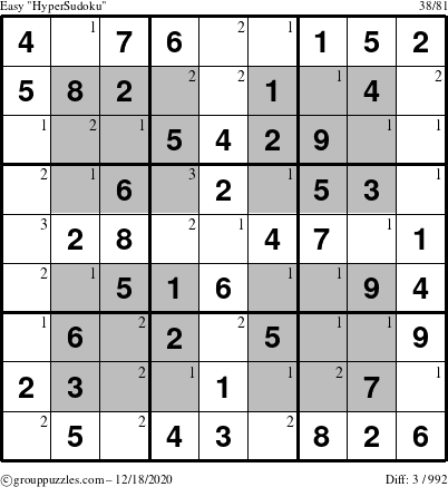 The grouppuzzles.com Easy HyperSudoku puzzle for Friday December 18, 2020 with the first 3 steps marked