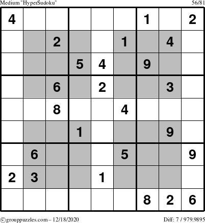 The grouppuzzles.com Medium HyperSudoku puzzle for Friday December 18, 2020