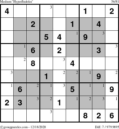 The grouppuzzles.com Medium HyperSudoku puzzle for Friday December 18, 2020 with the first 3 steps marked