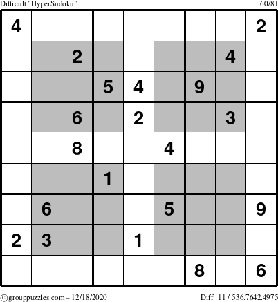 The grouppuzzles.com Difficult HyperSudoku puzzle for Friday December 18, 2020