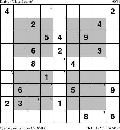 The grouppuzzles.com Difficult HyperSudoku puzzle for Friday December 18, 2020 with the first 3 steps marked