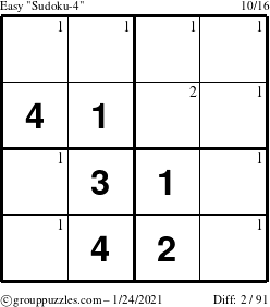 The grouppuzzles.com Easy Sudoku-4 puzzle for Sunday January 24, 2021 with the first 2 steps marked