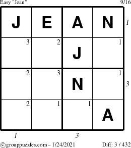 The grouppuzzles.com Easy Jean puzzle for Sunday January 24, 2021 with all 3 steps marked