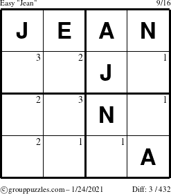 The grouppuzzles.com Easy Jean puzzle for Sunday January 24, 2021 with the first 3 steps marked