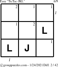 The grouppuzzles.com Easy TicTac-JKL puzzle for Sunday January 24, 2021 with all 2 steps marked