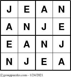 The grouppuzzles.com Answer grid for the Jean puzzle for Sunday January 24, 2021