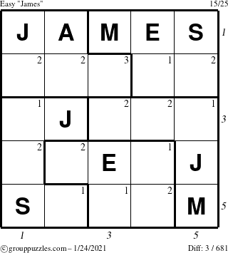 The grouppuzzles.com Easy James puzzle for Sunday January 24, 2021 with all 3 steps marked