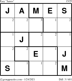 The grouppuzzles.com Easy James puzzle for Sunday January 24, 2021 with the first 3 steps marked