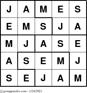 The grouppuzzles.com Answer grid for the James puzzle for Sunday January 24, 2021