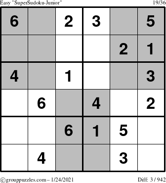 The grouppuzzles.com Easy SuperSudoku-Junior puzzle for Sunday January 24, 2021