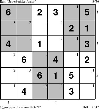 The grouppuzzles.com Easy SuperSudoku-Junior puzzle for Sunday January 24, 2021 with all 3 steps marked