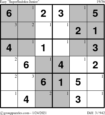 The grouppuzzles.com Easy SuperSudoku-Junior puzzle for Sunday January 24, 2021 with the first 3 steps marked