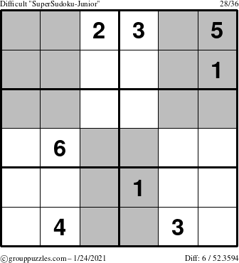 The grouppuzzles.com Difficult SuperSudoku-Junior puzzle for Sunday January 24, 2021