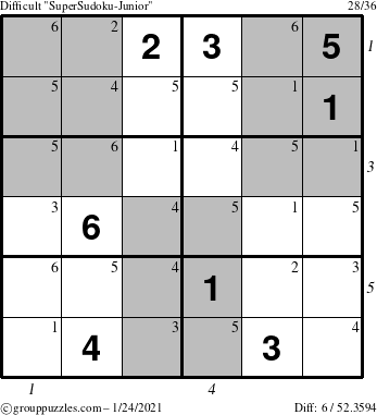 The grouppuzzles.com Difficult SuperSudoku-Junior puzzle for Sunday January 24, 2021 with all 6 steps marked