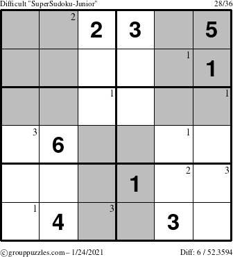 The grouppuzzles.com Difficult SuperSudoku-Junior puzzle for Sunday January 24, 2021 with the first 3 steps marked