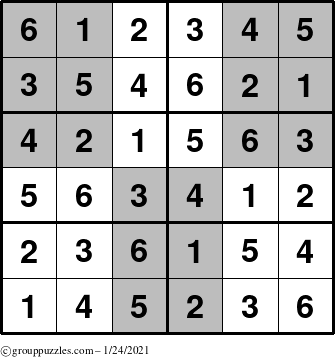 The grouppuzzles.com Answer grid for the SuperSudoku-Junior puzzle for Sunday January 24, 2021