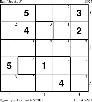 The grouppuzzles.com Easy Sudoku-5 puzzle for Sunday January 24, 2021, suitable for printing, with all 4 steps marked