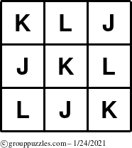 The grouppuzzles.com Answer grid for the TicTac-JKL puzzle for Sunday January 24, 2021