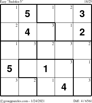 The grouppuzzles.com Easy Sudoku-5 puzzle for Sunday January 24, 2021 with the first 3 steps marked