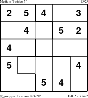 The grouppuzzles.com Medium Sudoku-5 puzzle for Sunday January 24, 2021