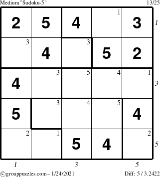 The grouppuzzles.com Medium Sudoku-5 puzzle for Sunday January 24, 2021 with all 5 steps marked