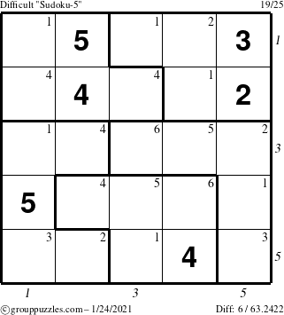 The grouppuzzles.com Difficult Sudoku-5 puzzle for Sunday January 24, 2021 with all 6 steps marked