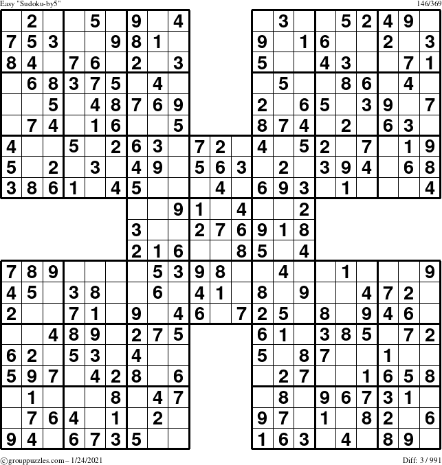 The grouppuzzles.com Easy Sudoku-by5 puzzle for Sunday January 24, 2021