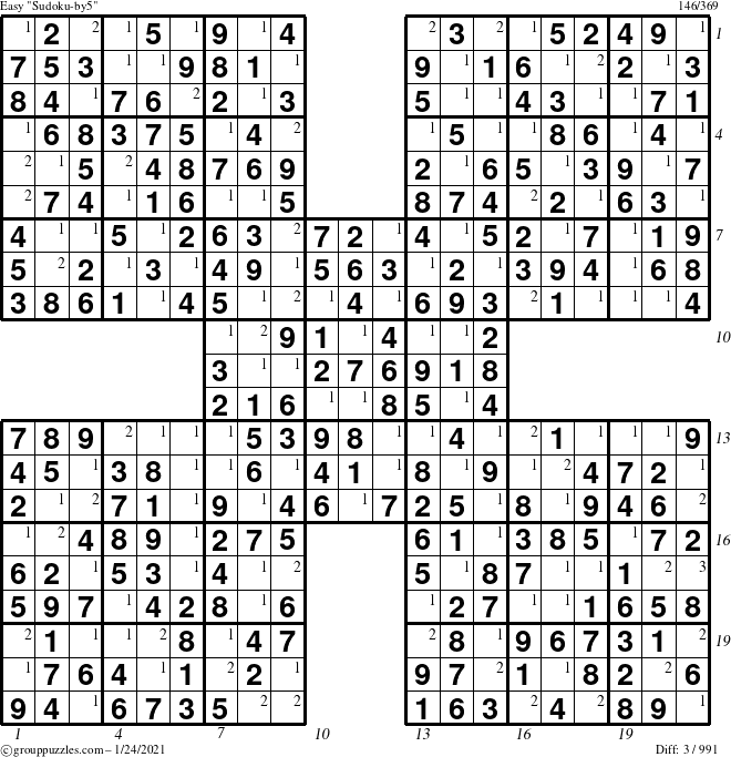 The grouppuzzles.com Easy Sudoku-by5 puzzle for Sunday January 24, 2021, suitable for printing, with all 3 steps marked