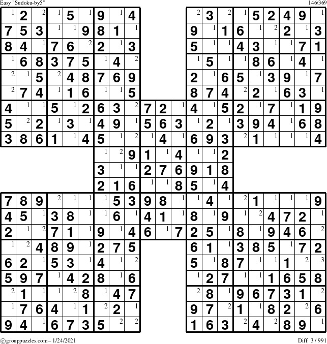 The grouppuzzles.com Easy Sudoku-by5 puzzle for Sunday January 24, 2021 with the first 3 steps marked