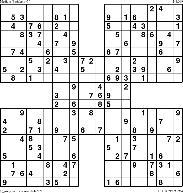 The grouppuzzles.com Medium Sudoku-by5 puzzle for Sunday January 24, 2021